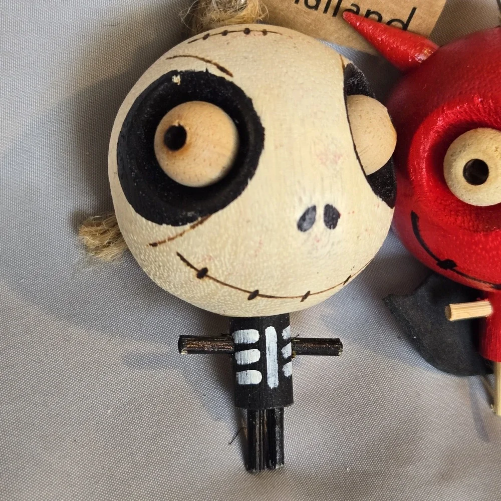 Pier 1 Halloween Devil Skeleton Ornaments Wood Handcrafted Thailand Set of 2
